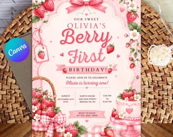 Strawberry First Birthday Invitation | Editable Photo Invite (Digital Download)