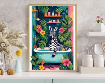 May include: A framed art print depicting a zebra in a teal bathtub, surrounded by tropical plants and flowers. The artwork has a gold frame and is set against a teal and pink background. The image evokes a playful and colourful bathroom scene.