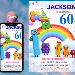 May include: A birthday invitation design featuring the text "JACKSON IS TURNING 60" with colorful cartoon characters, a rainbow, and balloons. The invitation includes event details: date, time, and location.