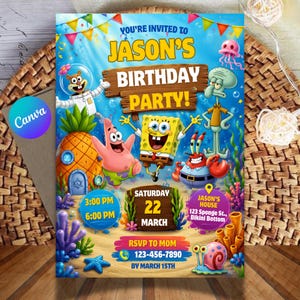 Puede incluir: Una invitación de cumpleaños digital con personajes de Bob Esponja, incluyendo a Patricio, Calamardo y Don Cangrejo. El diseño incluye un letrero de madera que dice JASON'S BIRTHDAY PARTY, una casa piña y los detalles del evento.