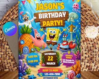 May include: A digital birthday party invitation featuring SpongeBob SquarePants characters including Patrick Star, Squidward, and Mr. Krabs. The design includes a wooden sign reading JASON'S BIRTHDAY PARTY, a pineapple house, and event details.
