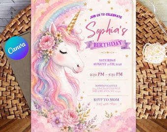 Może przedstawiać: Prostokątne zaproszenie na urodziny z akwarelowym jednorożcem ze złotym rogiem, tęczą i kwiatowymi akcentami. Tekst brzmi: Join us to celebrate Sophia's Birthday, Saturday August 30th, 2026, 2:30 PM - 5:30 PM, Sophia's Castle, 1234 Enchanted Way, Dreamland, NY 12345, RSVP to Mom (123) 456-7890.