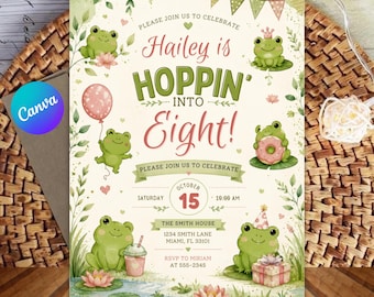 Może przedstawiać: Zaproszenie urodzinowe z zielonymi żabami, różowymi kwiatami lotosu, balonem, pączkiem i prezentem. Tekst brzmi: Hailey is HOPPIN INTO Eight! Saturday October 15 10:00 AM The Smith House 1234 Smith Lane Miami, FL 33101 RSVP to Miriam at 555-2345.