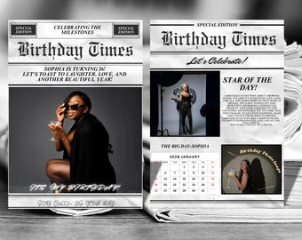 Newspaper Birthday Invite, Editable Social Media Flyer Template, Digital Birthday Dinner Invite, Birthday Newspaper party, Canva Template