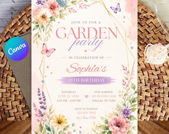 Może przedstawiać: Prostokątne zaproszenie ze złotą geometryczną ramką, akwarelowymi kompozycjami kwiatowymi i motylami. Tekst brzmi: JOIN US FOR A GARDEN party IN CELEBRATION OF Sophia's 18TH BIRTHDAY, SATURDAY JUNE 21, 2026, 3:00 PM - 6:00 PM, OUR GARDEN 123 BLOOM LANE DALLAS, TX 75201, RSVP TO HANNAH 123.456.7890 by June 10th.