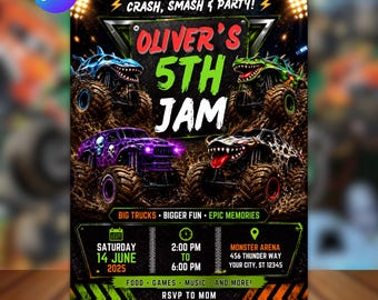 May include: A monster truck birthday party invitation flyer featuring four colourful monster trucks on a muddy track. Text includes: OLIVER'S 5TH JAM, REV YOUR ENGINES & GET READY TO CRASH, SMASH & PARTY!, BIG TRUCKS, BIGGER FUN, EPIC MEMORIES, SATURDAY 14 JUNE 2025, 2:00 PM TO 6:00 PM, MONSTER ARENA 456 THUNDER WAY YOUR CITY, ST 12345, FOOD, GAMES, MUSIC, AND MORE!, RSVP TO MOM 123-456-7890.