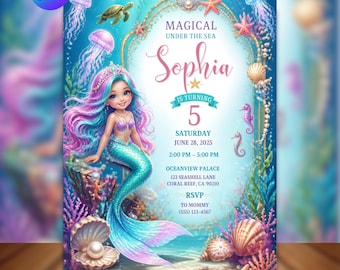 May include: A digital invitation card featuring a mermaid with long purple and blue hair, a teal tail, and a seashell top. The background shows an underwater scene with jellyfish, a sea turtle, and coral. Text includes: MAGICAL UNDER THE SEA, Sophia, IS TURNING 5, SATURDAY JUNE 28, 2025, 2:00 PM - 5:00 PM, OCEANVIEW PALACE, 123 SEASHELL LANE, CORAL REEF, CA 90210, RSVP TO MOMMY (555) 123-4567.