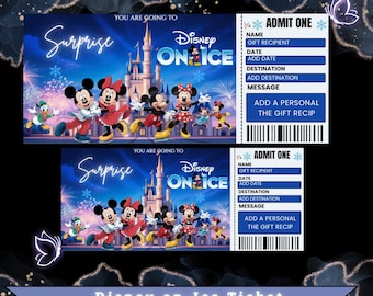 May include: Two Disney on Ice tickets featuring Mickey and Minnie Mouse, Donald Duck, and other characters in front of a castle. The tickets have a blue background with the words "Surprise" and "Disney on Ice".