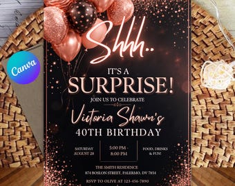 Surprise Birthday Invitation, Elegant Black Gold Glitter  | Canva Template (Digital Download)