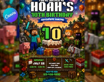 May include: A digital birthday invitation card featuring pixelated characters and a blocky landscape. Text reads: YOU'RE INVITED TO HOAH'S 10TH BIRTHDAY ADVENTURE AWAITS! Includes event details for Saturday, July 26, 2:00 PM - 5:00 PM, at 123 Blocky Lane.