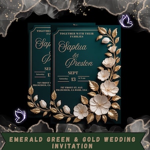 May include: Emerald green wedding invitation with gold floral accents. The invitation features the names "Saplua & Preston" and event details. The text "Emerald Green & Gold Wedding Invitation" is at the bottom.