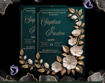 May include: Emerald green wedding invitation with gold floral detailing. The invitation includes the names "Saplua & Preston" and event details. The text "Emerald Green & Gold Wedding Invitation" is at the bottom.