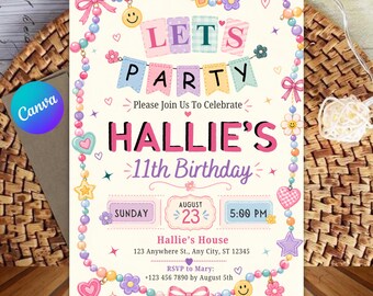 May include: A birthday invitation card featuring a colourful beaded border with charms like hearts, stars, and smiley faces. The text reads: LET'S PARTY, Please Join Us To Celebrate, HALLIE'S 11th Birthday, SUNDAY, AUGUST 23, 5:00 PM, Hallie's House, 123 Anywhere St., Any City, ST 12345, RSVP to Mary: +123 456 7890 by August 5th.