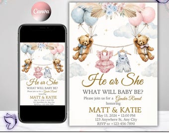 May include: A Boho gender reveal invitation with the text "He or She, What Will Baby Be?" The invitation features teddy bears, balloons, and baby clothes in pink and blue. The invitation is on a smartphone and a printed card.