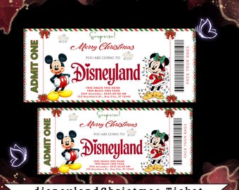 May include: Two Disneyland Christmas tickets featuring Mickey and Minnie Mouse. The tickets say "Surprise! Merry Christmas, You are going to Disneyland." Includes details for free food and drink.