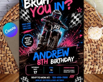 Może przedstawiać: Zaproszenie urodzinowe z motocyklistą motocrossowym na motorze, z neonowymi różowymi i niebieskimi akcentami na czarnym tle. Tekst zawiera BRUH YOU IN?, ANDREW 8TH BIRTHDAY oraz szczegóły wydarzenia na sobotę 17 maja.