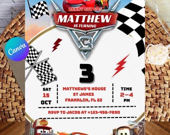 Cars Birthday Invitation,Kids Birthday Invitation,Lightning Mcqueen Invitation,Hot Cars Race Birthday Party Invitation,Instant Download