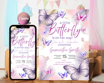 May include: A baby shower invitation with a butterfly theme. The design features purple and pink watercolour backgrounds, butterfly illustrations, and the text "a little Butterfly is on her way!" The invitation is for Samantha Smith.