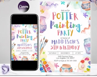 May include: Digital invitation for a pottery painting party, with watercolour illustrations of paintbrushes, palettes, and pottery. The invitation is for Maddison's 5th birthday, with the date and time clearly displayed.