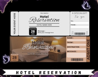 May include: A hotel reservation ticket design with a black background and purple accents. The ticket includes text fields for hotel name, date, and a personalized message. The design also features a butterfly graphic.