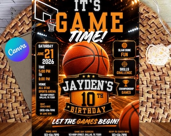 May include: A basketball-themed birthday party invitation flyer featuring a large orange basketball, stadium lighting, and bold text reading "IT'S GAME TIME!" and "JAYDEN'S 10TH BIRTHDAY". The design includes event details for June 21, 2026, at All Star Sports Arena.