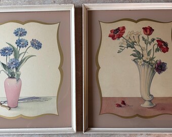 Vintage Framed Floral Print Set • Bachelor Buttons, Poppies Wall Decor