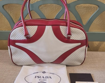 Seltene Vintage 2000s Y2K PRADA Bowling Tasche Rot Weißes zweifarbiges Leder mit Echtheitszertifikat