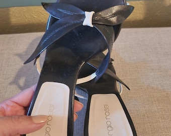 Vintage Sergio Rossi Black Leather Bow Mules 36.5 | Y2K Kitten Heel Sandals | Italian Designer Shoes | Coquette Heels