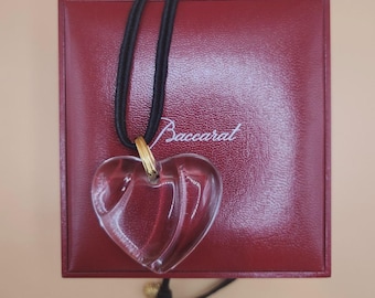Vintage BACCARAT Crystal Heart Pendant Choker Necklace Black Silk Cord with Original Box Made in France