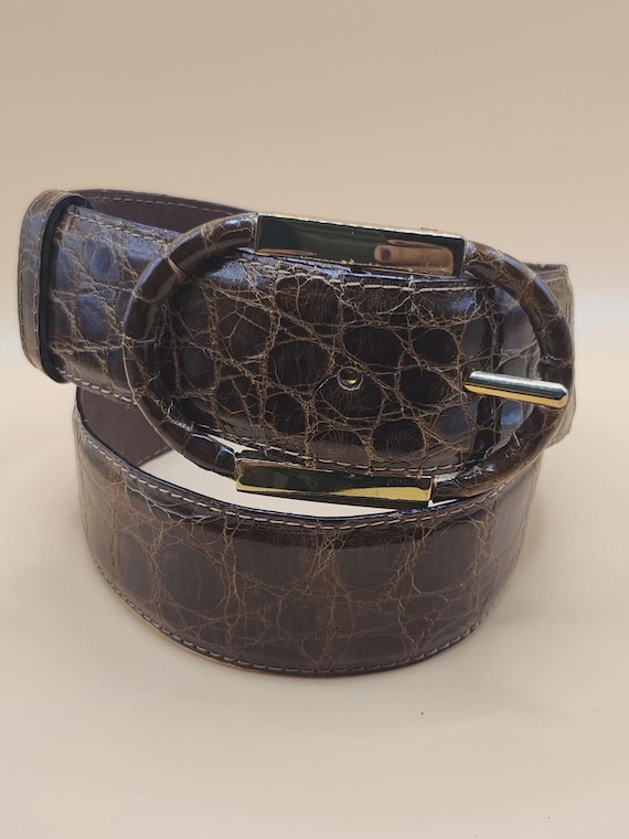 Quiet Luxury Lorenzi Milano Crocodile Belt Gold Tone Brass Buckle Made in Italy for 26 to 30 Inch Waist