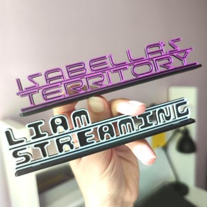 Op de afbeelding: Twee op maat gemaakte borden met tekst. Het bovenste bord leest "ISABELLA'S TERRITORY" in paars, met een zwarte basis. Het onderste bord leest "LIAM STREAMING INC" in zwart en wit, met een zwarte basis. De borden worden in een hand gehouden.
