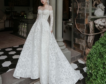 Wedding dresses lace long sleeve a line, Corset bridal dress off the shoulder long train