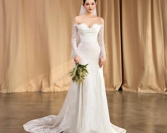 Off the shoulder wedding dress long sleeve lace satin bridal dress custom plus size