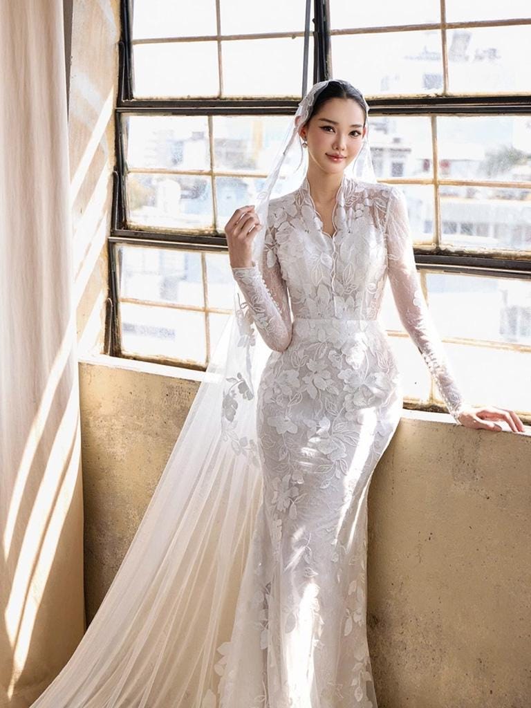 high neck long sleeve mermaid dress Elegant High Neck Long Sleeves Appliques Button Back Lace Mermaid Wedding Dress