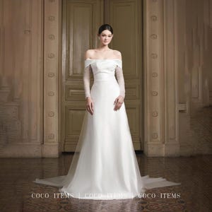 fantasy off the shoulder wedding dress detachable long sleeves, Silk Wedding dress