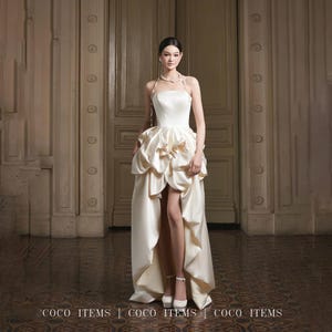 Modern Ivory Silk Wedding Dress: Pearl Necklace, Tiered Skirt - Custom Size