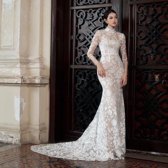 High Neck Mermaid Lace Wedding Dress with Long Sleeve and 3D Flower Lace High Neck Mermaid Lace Wedding Dress with Long Sleeve and 3D Flower Lace