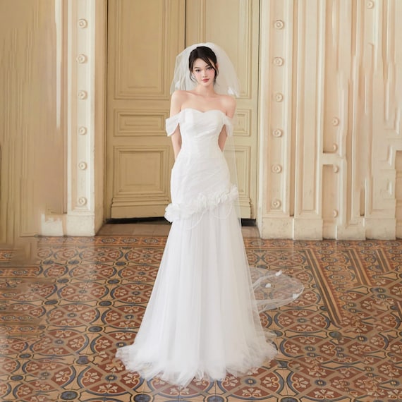 knee length dresses for ladies Ivory Mermaid Wedding Dress with Ruffled Corset – Off The Shoulder Wedding Gown with Hidden Zipper Plus Size main image 0