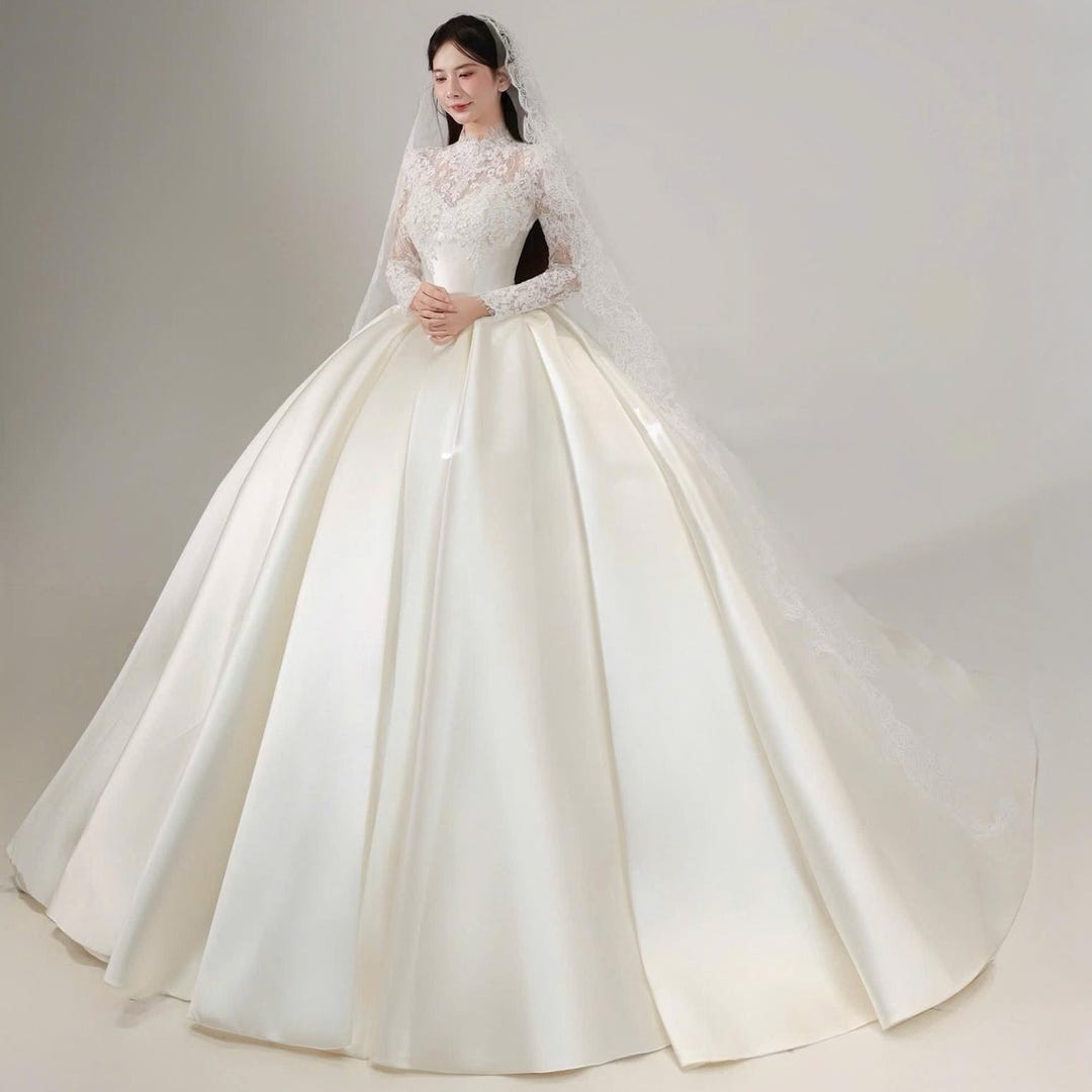 Ivory Soft Satin with Lace Long Evening Dress main image 1