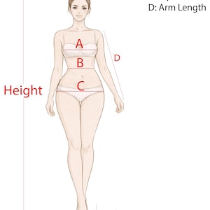 May include: A digital illustration of a human figure showing body measurement points. Labels include A: Bust, B: Waist, C: Hips, D: Arm Length, Height, and Heel. Red lines indicate the specific areas for measuring bust, waist, hips, arm length, and total height.