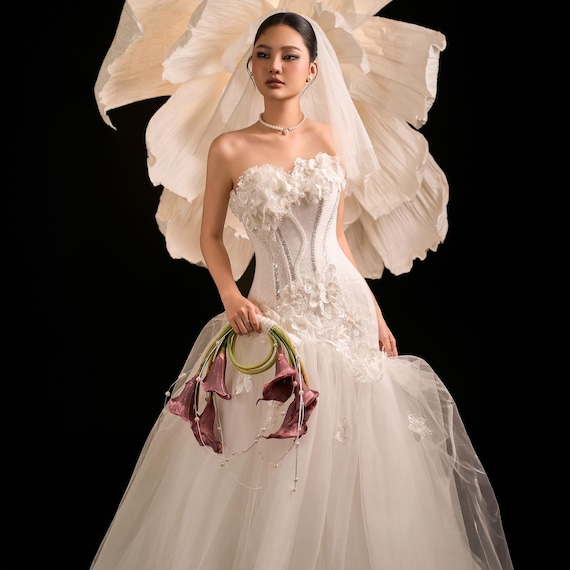 Strapless Floral Corset Ball Gown | Elegant Tulle Wedding Dress