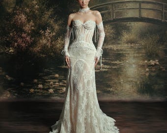Haute Couture Lace Mermaid Wedding Dress Beaded Pearl, Detachable Lace Sleeves Bridal Gown