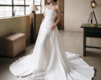 Vestido de novia estilo 2 en 1 de encaje y satén, vestido de novia con hombros descubiertos y cola larga, personalizable en tallas grandes