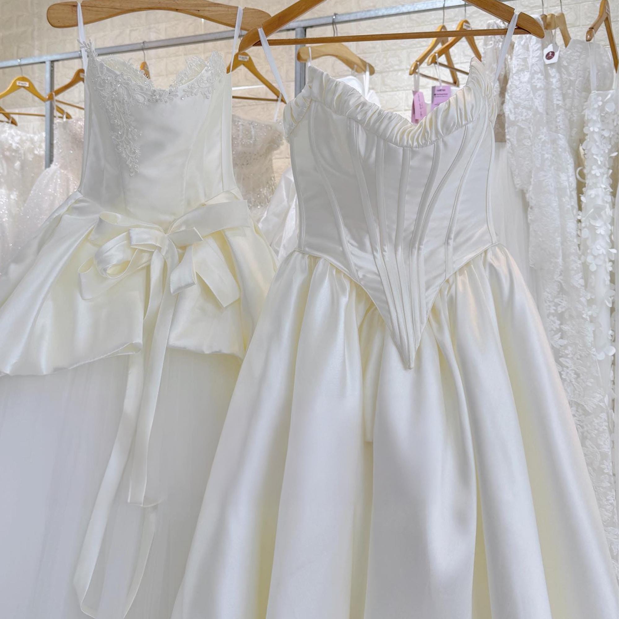 Ivory Satin Wedding Dress Basque Waist, Princess Ball Gown Long Train ...