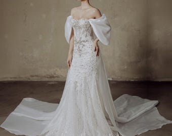 Sjöjungfru glitter brudklänning silver paljett elegant brudklänning spets brudklänning rosett puffärmar