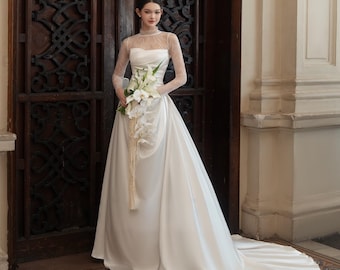 Lace Top Two-Piece Wedding Dress, High Neck, Silk Satin A-Line