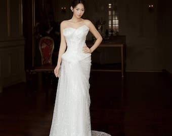 Strapless Sequin Tulle Mermaid Wedding Dress with Beading – Luxury Bridal Gown