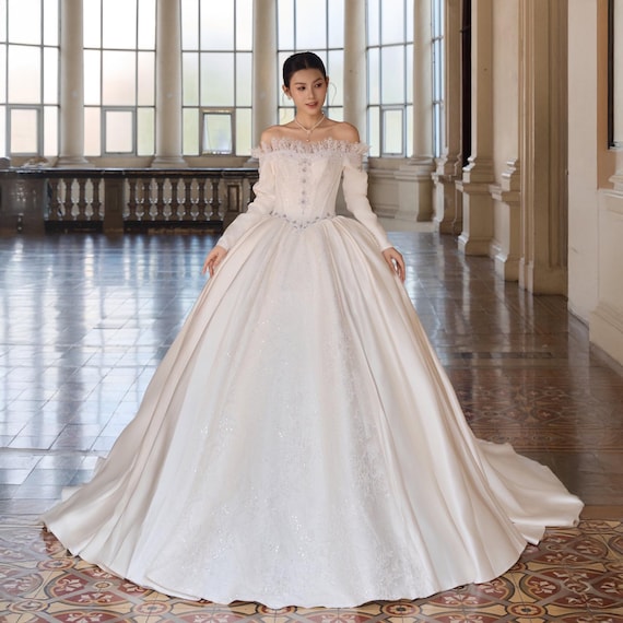 slim fit dress slacks Off-Shoulder Long Sleeve Lace Applique with Side Slit Wedding Dress QW8165 US14 / Custom Color main image 0