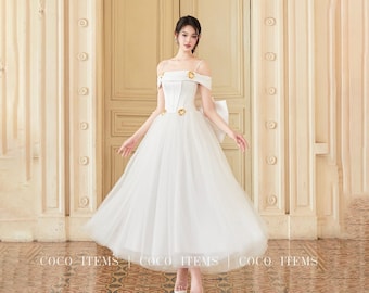 Tea Length Wedding Dress: Satin & Mesh, Bow Back