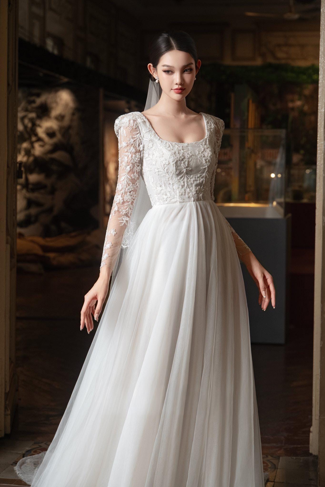 3D Flower Lace Wedding Dress: Square Neck, Long Sleeves 3D Flower Lace Wedding Dress: Square Neck, Long Sleeves